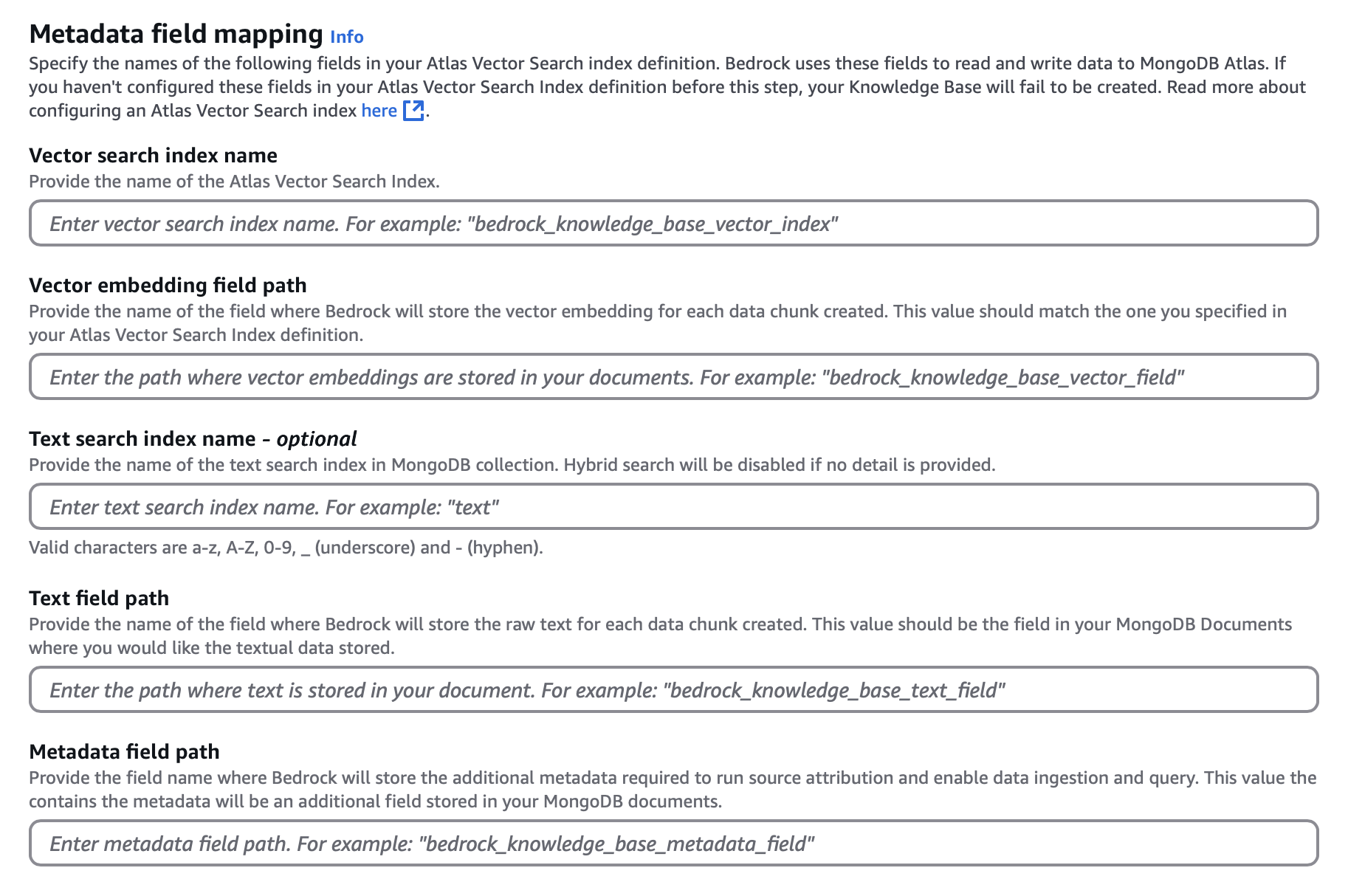 Screenshot of the vector store field mapping configuration section.