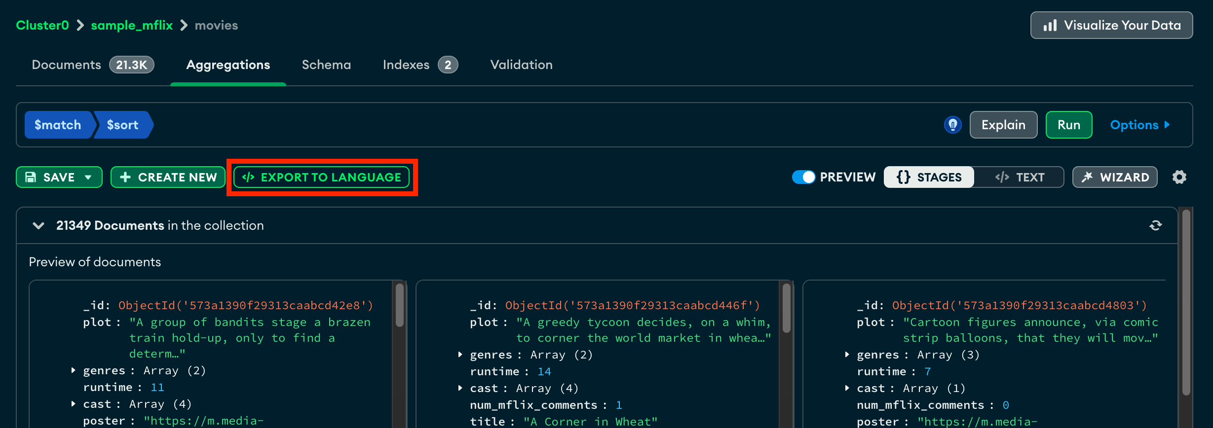 Aggregation Builder export button