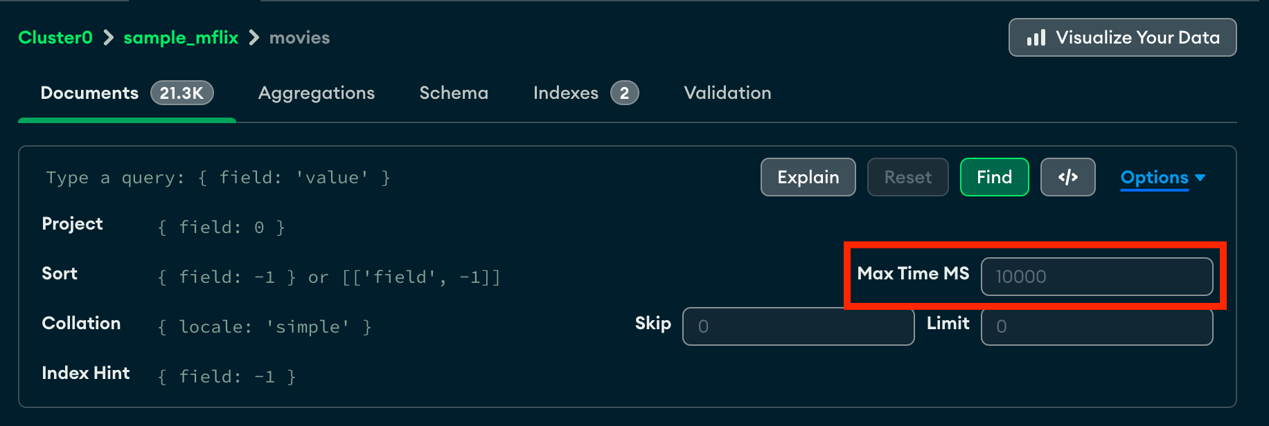 The Options button is on the right side of the query bar,
next to the Analyze button.