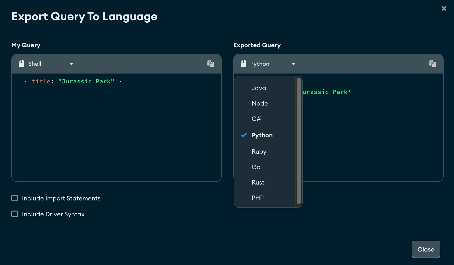Query bar language select