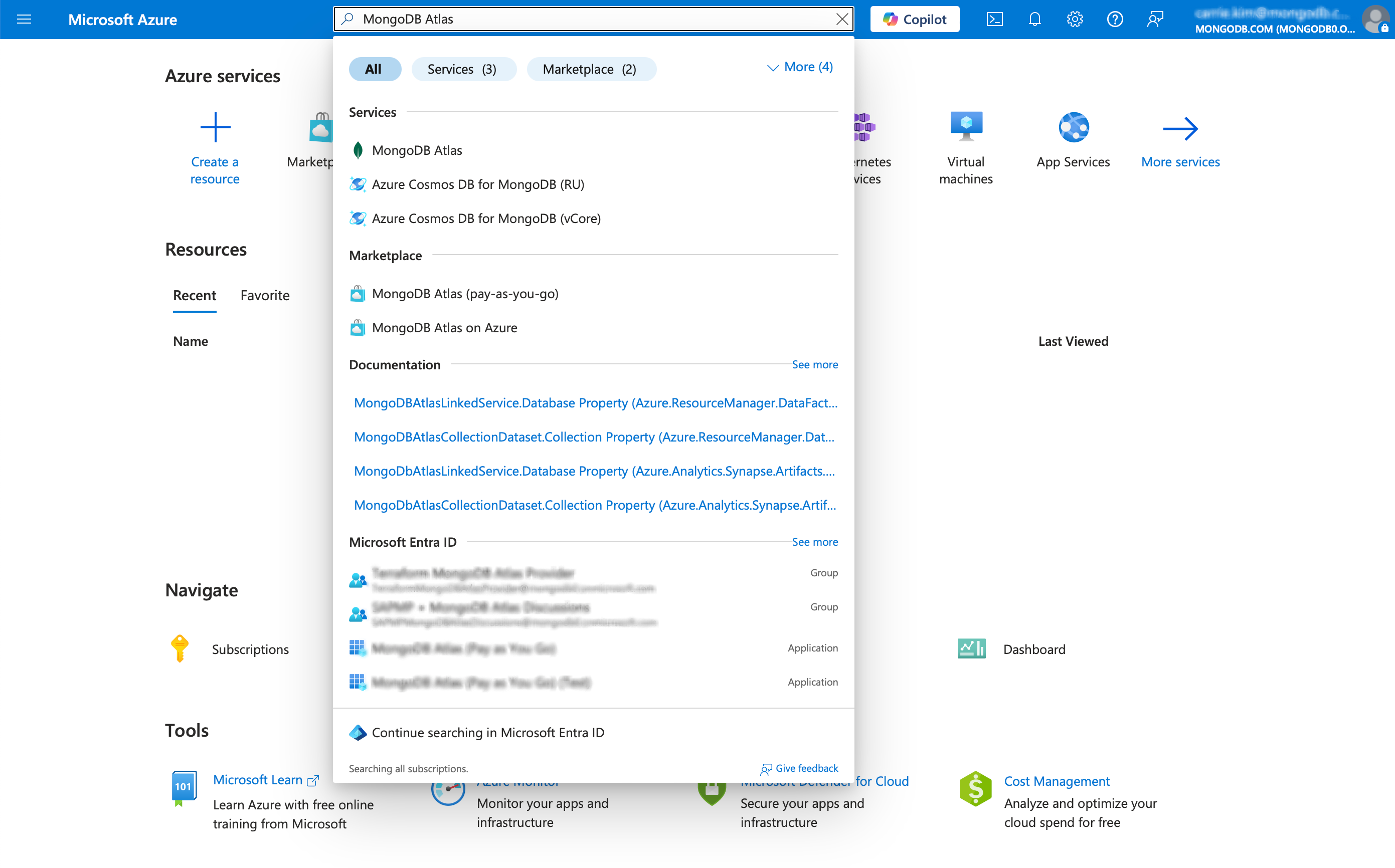 Azure search bar image for navigating MongoDB Atlas